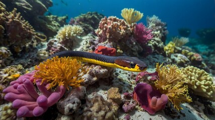 Obraz premium Weaving Through Colorful Sea Anemones: Coral Reef Snake in the Vibrant Reef