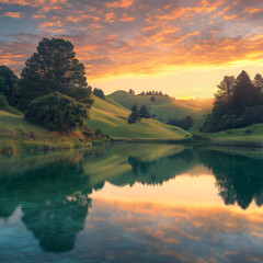 Golden Sunset Over Tranquil Lake with Rolling Hills and Lush Green Trees