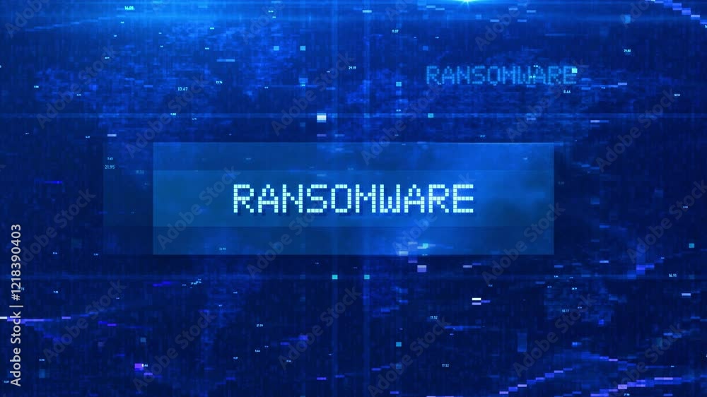 Poster ransomware digital text animation over futuristic world map and hud effects