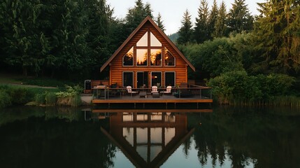 Obraz premium Lakeside A-frame cabin sunset reflection, forest