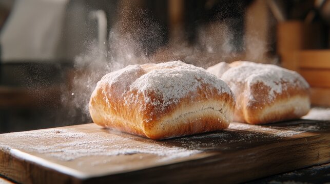 Freshly baked bread loaves on wooden board, flour and rustic vibe