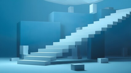 Fototapeta premium Abstract Blue Staircase 3D Render Minimalist Geometric Background