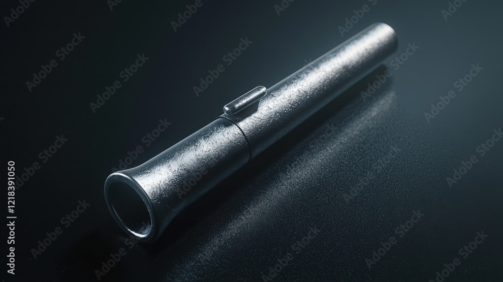 Poster closeup of a shiny metallic whistle on a minimalistic surface studio environment bold and smooth hig