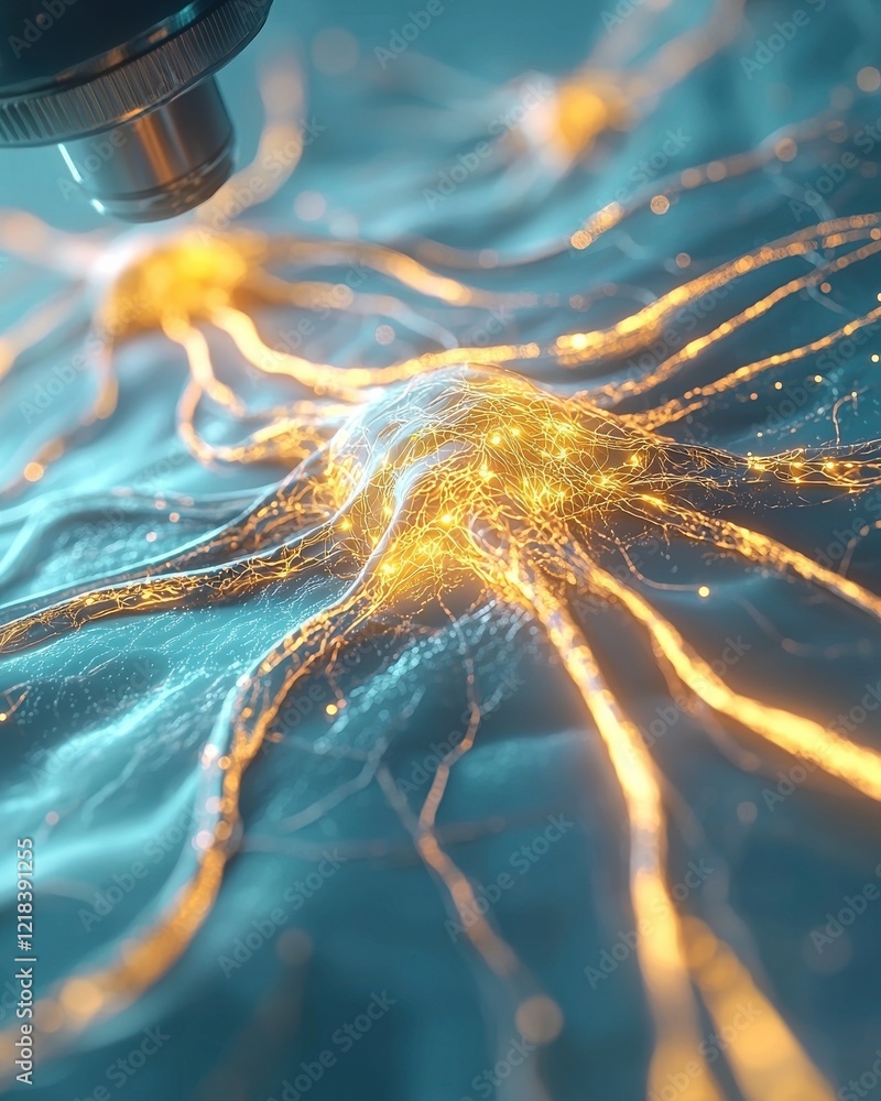 Poster closeup of glowing neuron model under microscope futuristic biological study laboratory environment 