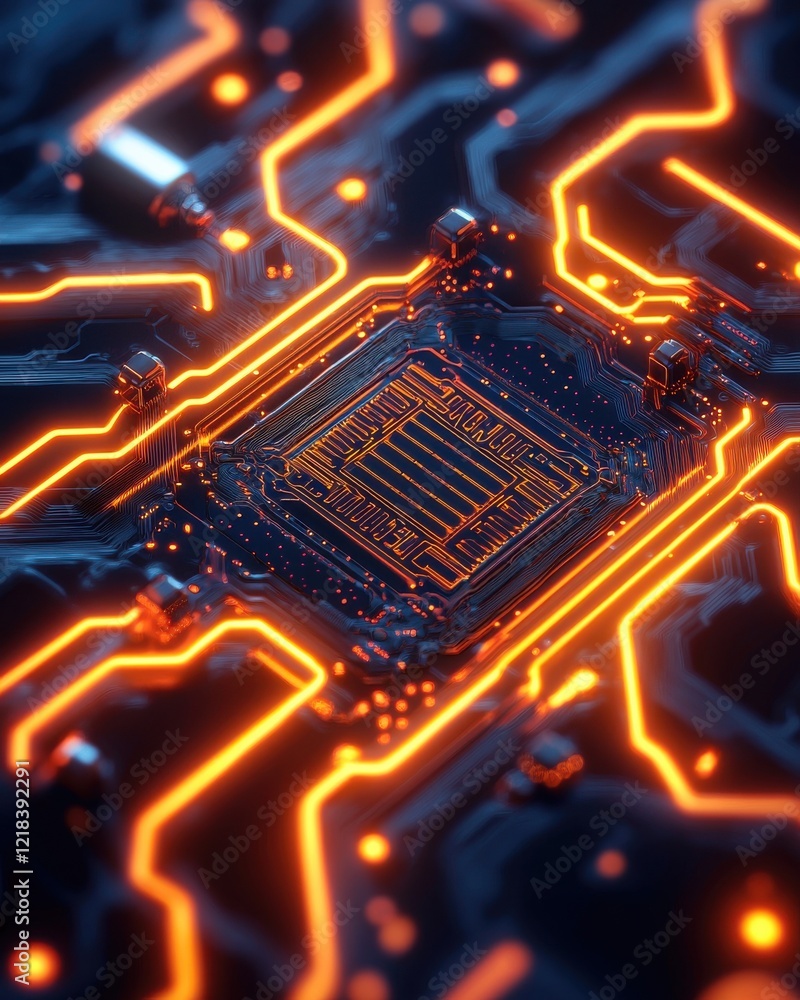Poster futuristic neural implant chip closeup advanced technology -tech environment intricate circuit patte