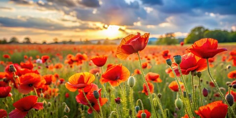 Fototapeta premium Summer meadow filled with vibrant red poppies , nature, fields, flowers, colorful, bright, sunny, outdoors, landscape