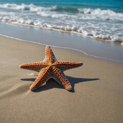 A starfish resting on a sandy beach, side-view, with turquoise waves rolling in the distance, blurred for focus.