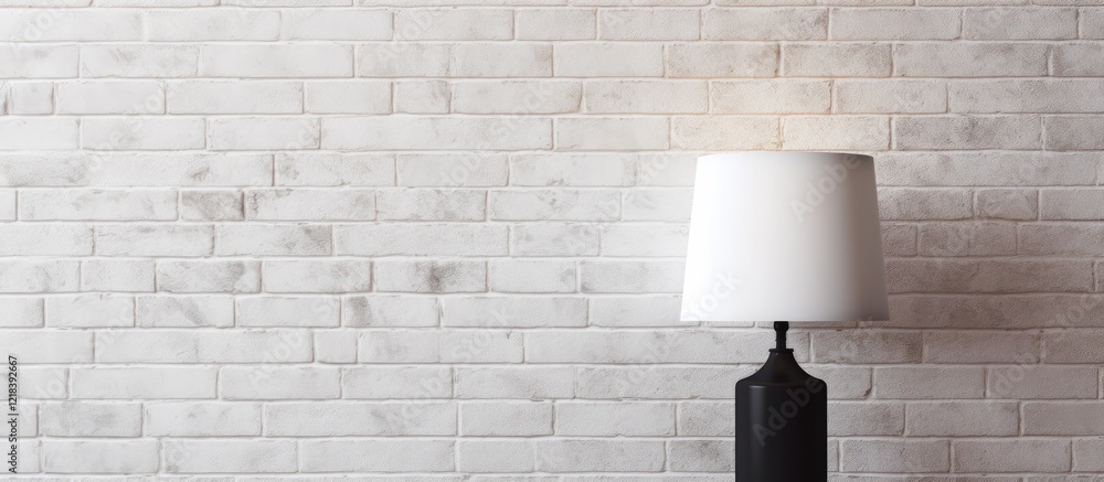 Poster elegant table lamp with a white shade on a dark base, illuminating a white brick wall, creating a br