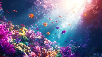 Naklejka premium Vibrant Underwater Paradise: A kaleidoscope of colorful coral reefs and diverse marine life thriving in a sun-drenched ocean
