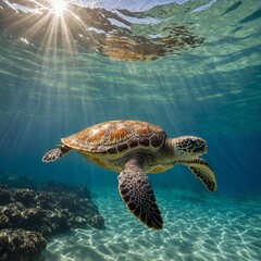 A sea turtle swimming gracefully near the surface of clear tropical waters, with sunlight streaming through, side-view.