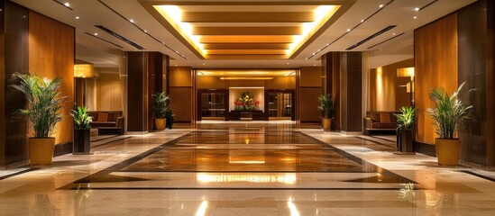 Elegant hotel lobby featuring warm golden lighting, polished marble floor, and lush green plants in decorative pots on either side.