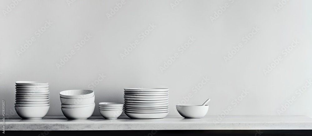 Poster minimalist display of various white ceramic bowls in a row on a light wooden surface against a soft 
