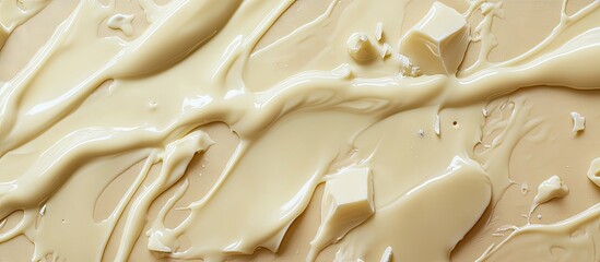 Obraz premium Creamy melted white chocolate background with smooth, flowing texture and scattered chunks, ideal for creative designs and text placement.