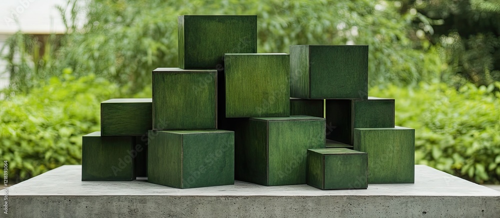 Poster green wooden cubes of varying sizes artistically stacked on a concrete slab with a blurred green bac