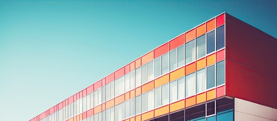 Modern office building with colorful red and orange panels against a clear blue sky showcasing a retro tonal filter effect and clean lines