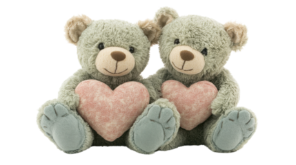 Two teddy bears are holding a red heart on transparent background