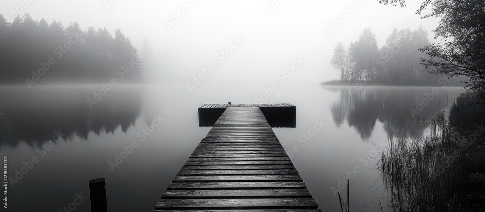 Poster foggy monochrome landscape featuring a wooden dock extending into a serene lake surrounded by trees 