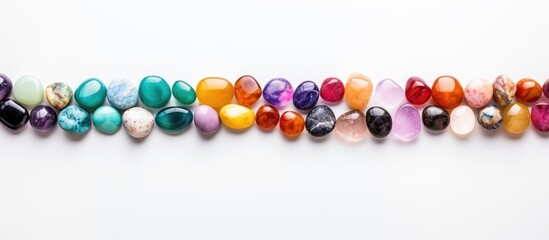 Obraz premium Colorful arrangement of natural stone beads in various shapes on a light white background with contrasting shades of purple green and orange.