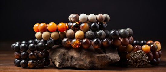 Handmade unisex bracelets with colorful beads stacked artistically on a natural stone against a dark background highlighting earthy tones.