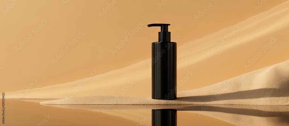 Poster sleek black pump bottle on smooth sand-colored surface with soft shadows and reflections creating a 