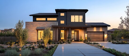 Fototapeta premium Contemporary two-story home with modern composite siding in warm beige and dark gray, surrounded by lush greenery and a paved driveway at sunset.