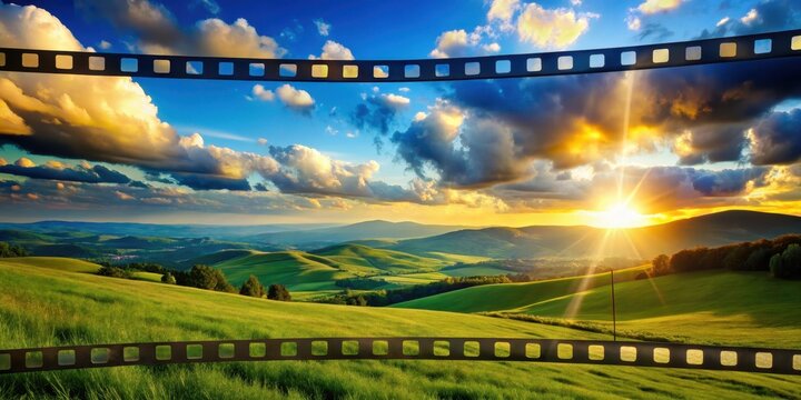 A film frame with a transparent background displaying a scenic landscape of rolling hills and a bright blue sky with fluffy white clouds at sunset, day, nature