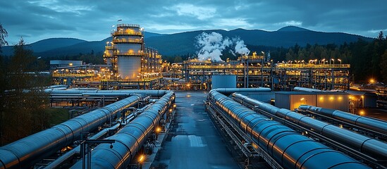 Industrial Plant at Dusk: Pipes and Mountains