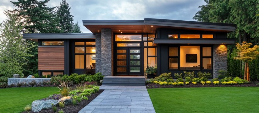 Modern small house exterior highlighting innovative architecture with sleek lines, large windows, and lush green landscaping under a twilight sky.