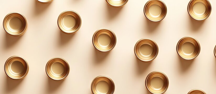 Flat lay of gold coffee capsules arranged in a grid on a soft beige background, ideal for mocha coffee product advertising.
