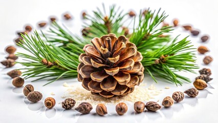 Tilt-shift photography transforms tiny pine seeds and needles into a whimsical, isolated flower arrangement.