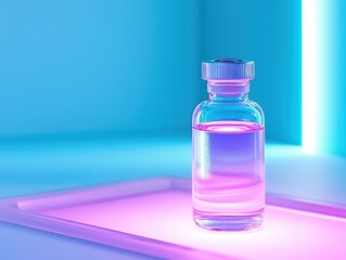 Experimental medicine vial glowing under lab lighting advanced sterile environment closeup shot