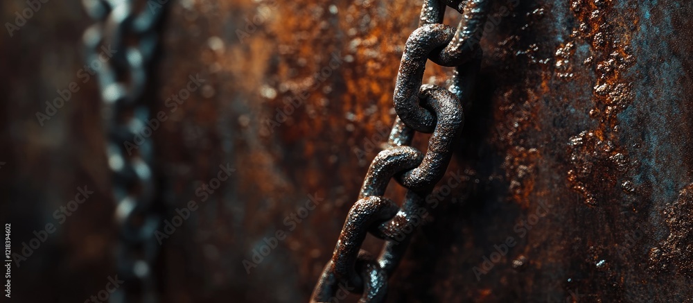 Poster macro shot of a rustic metal chain against a textured rust background showcasing intricate details w
