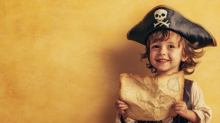 Naklejka premium Happy child pirate treasure map studio shot