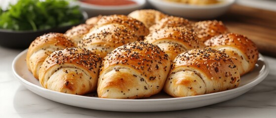 Everything Bagel Pigs in a Blanket Freshly baked croissants with seed topping on white plate in cozy kitchen setting