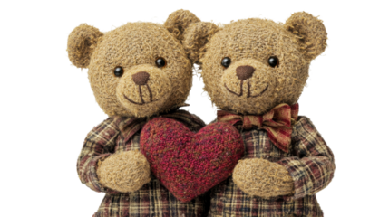 Two teddy bears are holding a red heart on transparent background