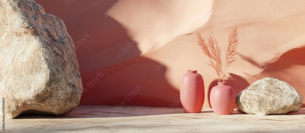 Poster elegant pink ceramic vases positioned between textured desert rocks against a soft peach backdrop cr