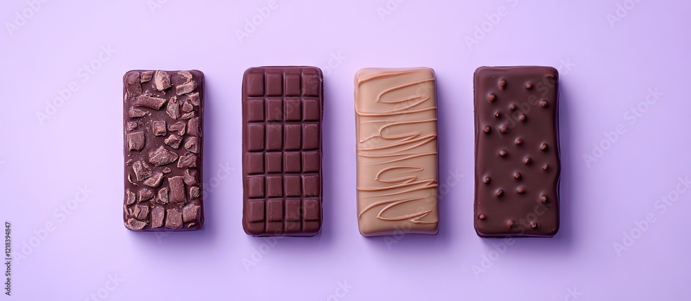 Aufkleber molded chocolate bars in varying textures placed horizontally on a soft purple background highlight 