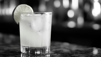 World Paloma Day Refreshing lime cocktail with ice on a bar counter in black and white