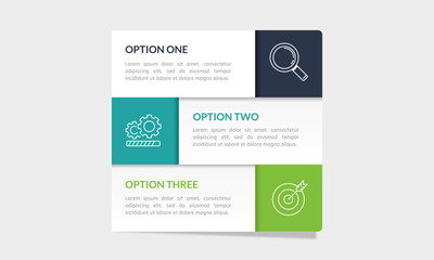 Infographic 3 options, left and right layout. Presentation, Report, Data and Plan. Vector illustration.