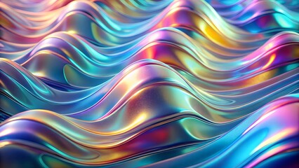 Futuristic holographic waves with a metallic sheen, reflecting rainbow-like colors against a soft white background