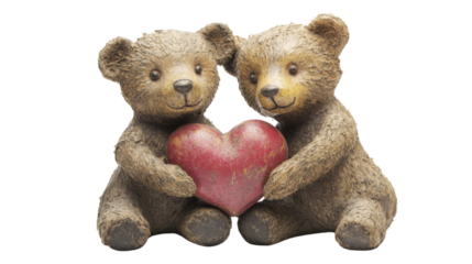 Two teddy bears are holding a red heart on transparent background