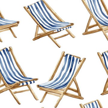 Watercolor seamless pattern beach chairs, blending colors, isolated on white background.