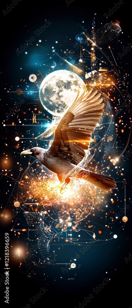 Poster dynamic flight of a bird amidst cosmic elements abstract art digital environment surreal viewpoint