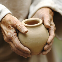 Potter creating earthen jar with clay, traditional pottery techniques