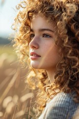 Love Your Freckles Day Serene portrait of woman with curly hair in sunlit field capturing natural beauty and tranquility