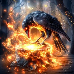 Mystical firebird conjuring magic enchanted forest digital art surreal environment close-up fantasy concept