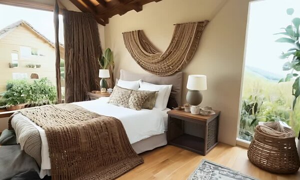 Cozy Bedroom Decor with Wicker Wall Hanging and Natural Textures