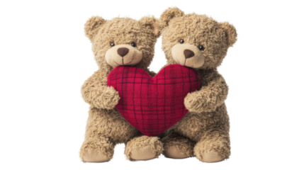 Two teddy bears are holding a red heart on transparent background