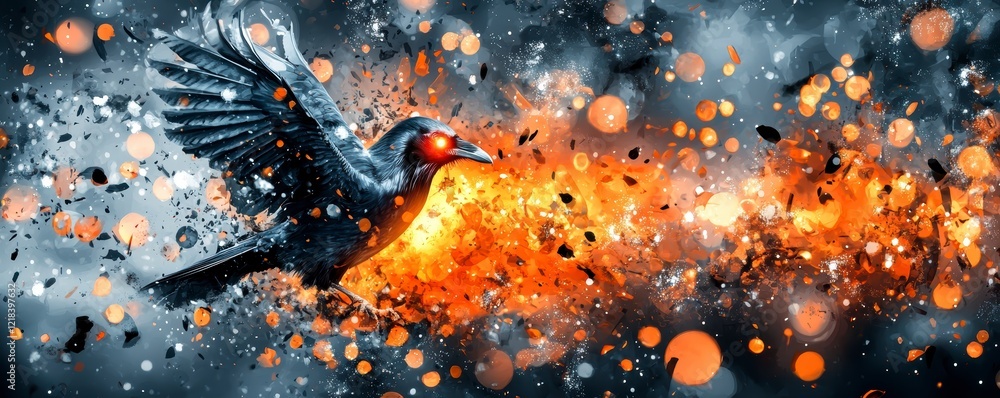 Poster dynamic raven in explosive colors abstract background digital artwork fantasy realm close-up perspec