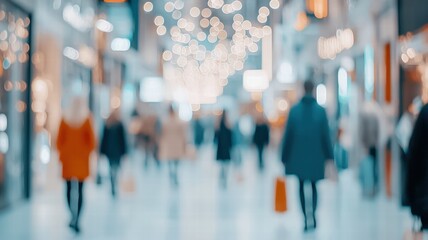 A blurred scene of shoppers in a vibrant mall, illuminated by decorative lights, creating a lively and bustling atmosphere.